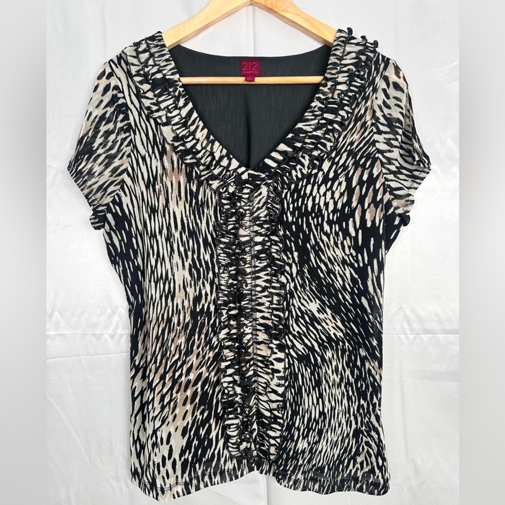 212 Collection Womens Abstract Animal Print Ruffle V-Neck Mesh Top Black Tan L